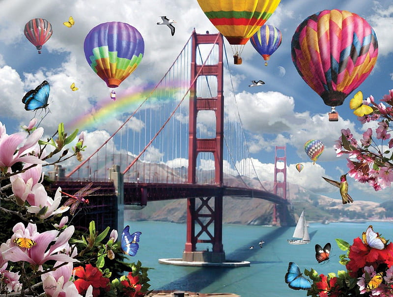 LORI SCHORY ART, BRIDGE, AIR, FLIGHT, BALLOON, HD wallpaper