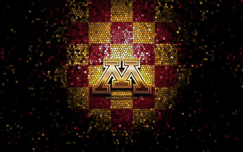 Minnesota Golden Gophers, glitter logo, NCAA, purple yellow checkered background, USA, american football team, Minnesota Golden Gophers logo, mosaic art, american football, America, HD wallpaper