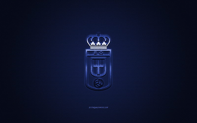 Real Oviedo, Spanish football club, La Liga 2, blue logo, blue carbon fiber background, football, Oviedo, Spain, Real Oviedo logo, HD wallpaper