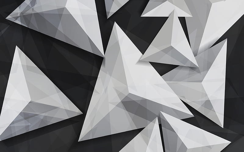 triangles 3d art, geometry, geometric shapes, gray background, HD wallpaper