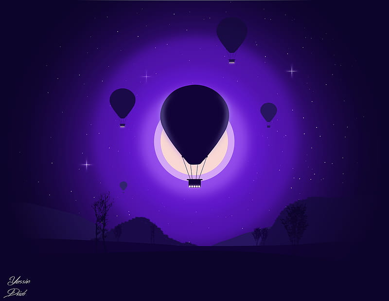 air balloons, night, moon, vector, art, HD wallpaper