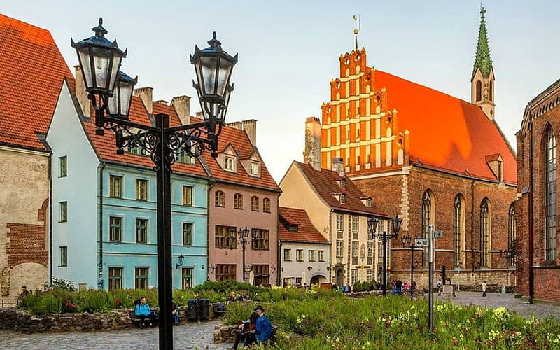 Riga, Latvia, Latvia, Riga, lantern, church, houses, HD wallpaper