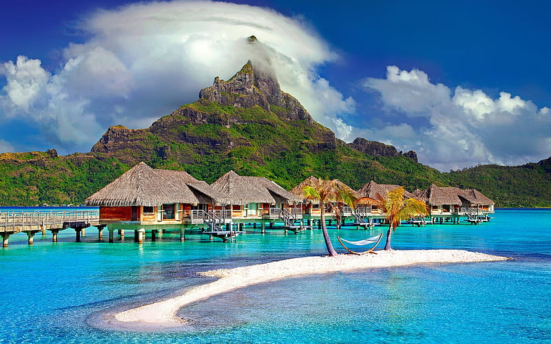Maldives, huts, waterfront, beaches, mountains, nature, clouds, HD wallpaper