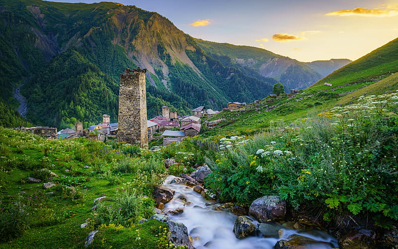 Adishi, mountain village, evening, sunset, tower, Caucasus, mountain landscape, Upper Svaneti, Samegrelo-Zemo Svaneti, Georgia, HD wallpaper