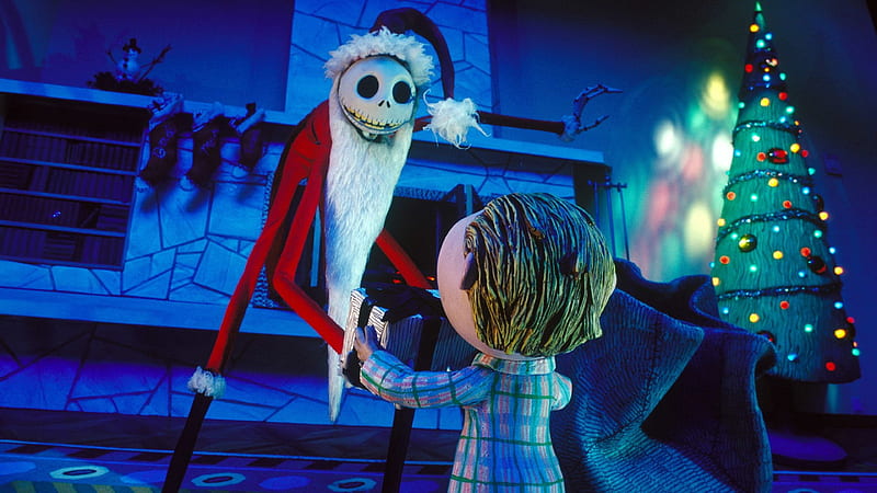 The Nightmare Before Christmas Jack Skellington In Santa Dress With Blue Background Movies, HD wallpaper