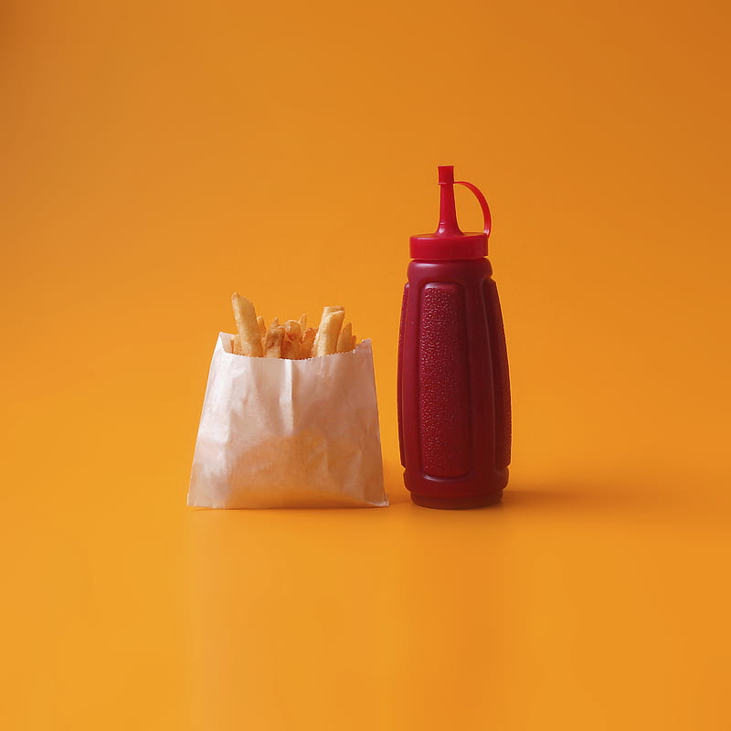 fried fries in white pack beside red squeeze bottle, HD phone wallpaper