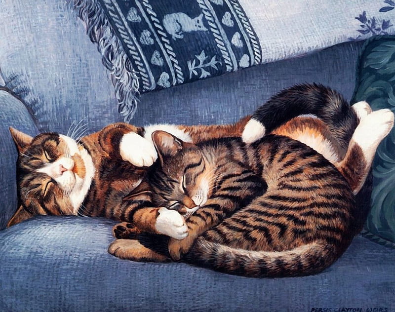 Cozy Place, Cats, painting, Sofa, sleeping, artwork, HD wallpaper