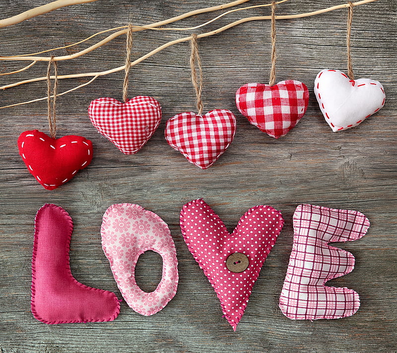 Love Hearts, fabric, corazones, love, romantic, valentine, wood, HD wallpaper