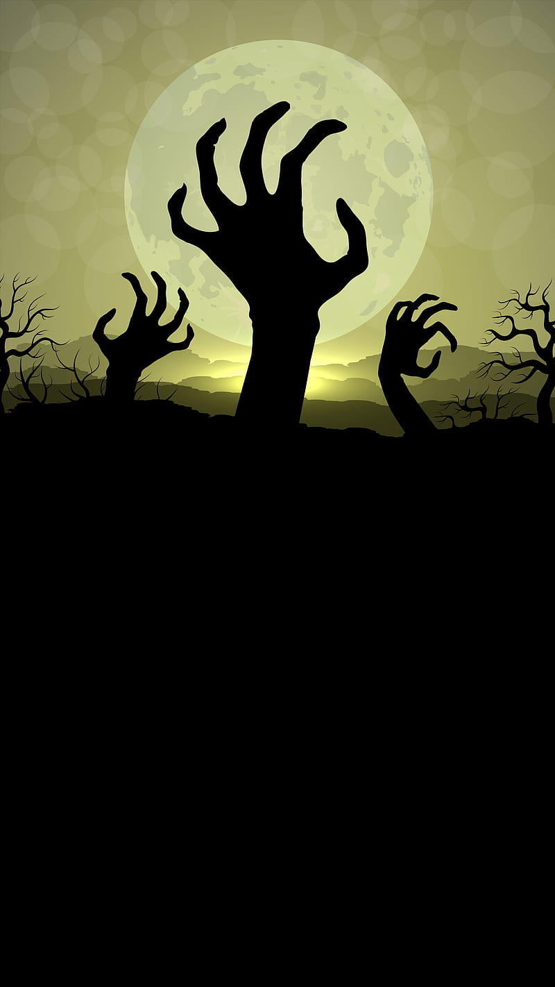 Zombie Hands, Kiss, cemetery, halloween, hand, moon, night, sky, tombstone, HD phone wallpaper