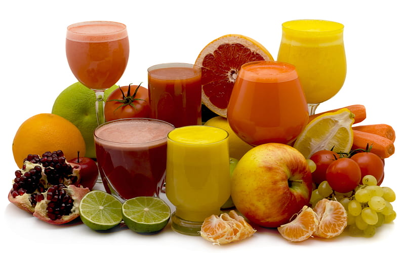 Fruit and juice arrangement, apple, fruit, juice, food, orange, lemon, HD wallpaper