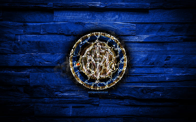 Internazionale FC, fiery logo, Serie A, blue wooden background, italian football club, grunge, Inter Milan, football, soccer, Internazionale logo, fire texture, Italy, HD wallpaper