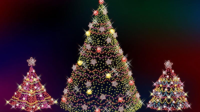 Big And Small Christmas Tree With Lights And Decoration Balls Stars Christmas Tree, HD wallpaper