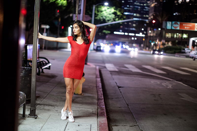 Emily Willis in Red Mini Dress, running shoes, model, dress, brunette, street, HD wallpaper