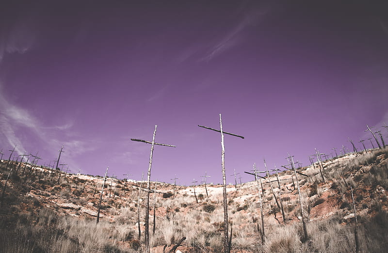 low-angle graphy gray wooden cross on hilltop, HD wallpaper