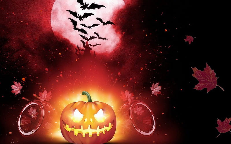 Pumpkin Delight, redorange, moon, Pumpkin, glowing, bats, halloween ...