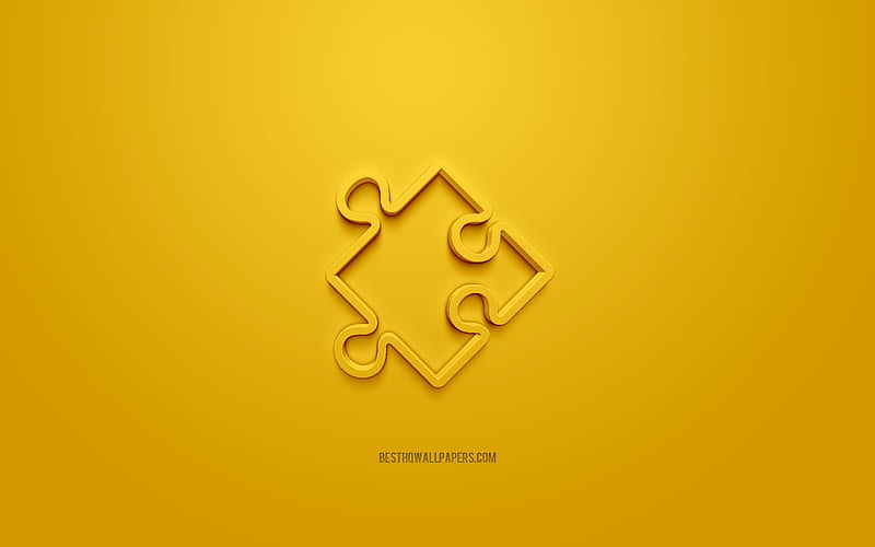 Puzzle 3d icon, yellow background, 3d symbols, Puzzle, creative 3d art, 3d icons, Puzzle sign, Business 3d icons, HD wallpaper