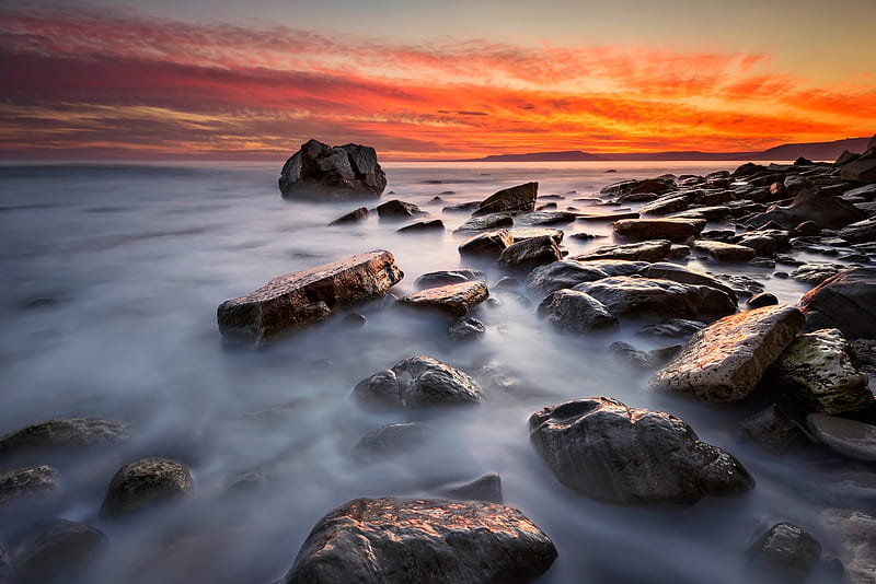 Bright Sunset over Rocky Seacoast, Sea, Coast, Sky, Rocks, Sunsets, Nature, HD wallpaper