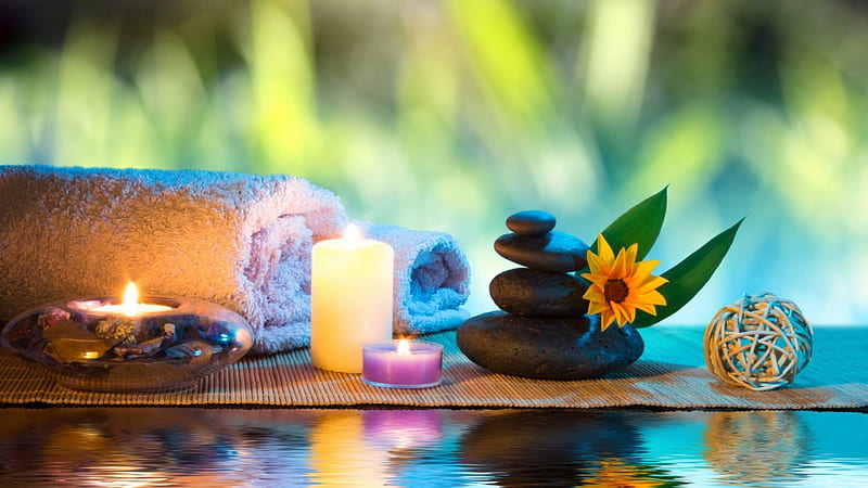 Spa, candle, owel, spa stones, towel, still life, spa water, flowers, reflection, HD wallpaper