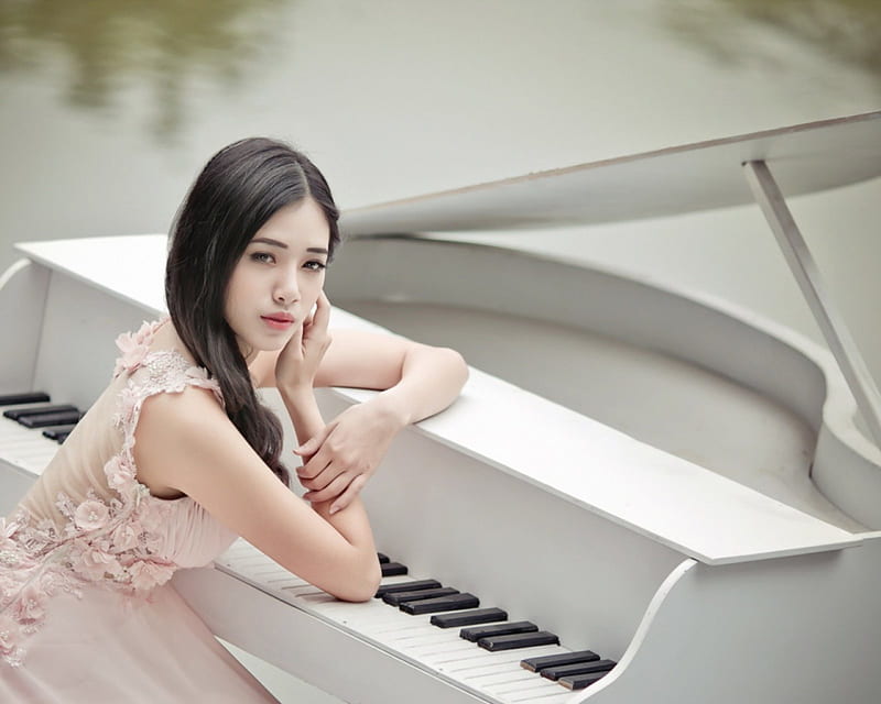 Pianist Girl, asian, beauty, lake, pianist, HD wallpaper