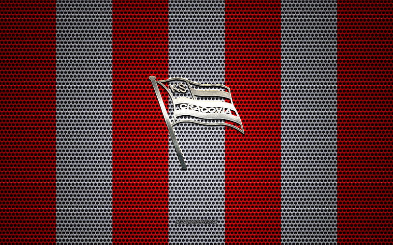 KS Cracovia logo, Polish football club, metal emblem, red white metal mesh background, Cracovia, Ekstraklasa, Krakow, Poland, football, HD wallpaper