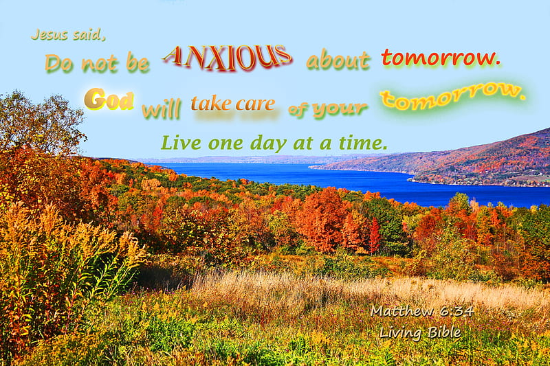 Anxious About Tomorrow, trees, lake, hills, Fall Season, water, Bible, Autumn, HD wallpaper