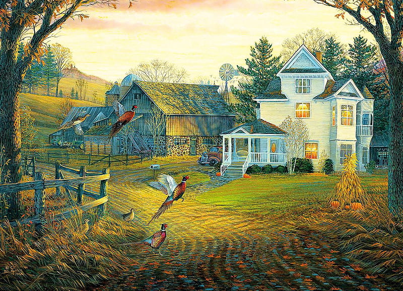 Country Crossing Pheasants, trees, cottage, pumpkins, autumn, painting, artwork, HD wallpaper