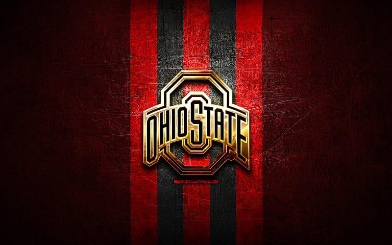 Ohio State Buckeyes, golden logo, NCAA, red metal background, american football club, Ohio State Buckeyes logo, american football, USA, HD wallpaper