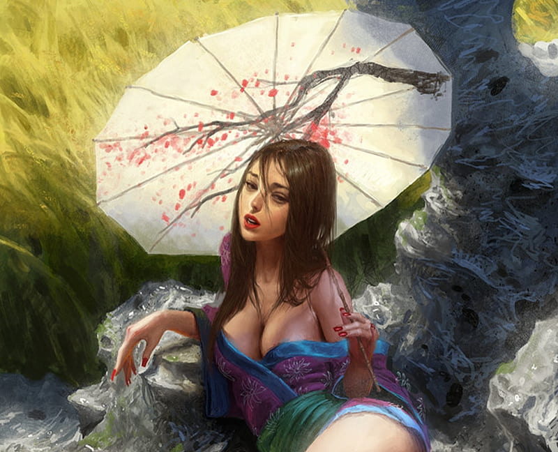 Come here, yintion j, parasol, white, art, frumusete, luminos, rock, umbrella, fantasy, girl, stone, asian, HD wallpaper