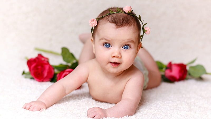Blue Eyes Cute Little Girl Child Baby Is Lying Down On White Fur Cloth Cute, HD wallpaper