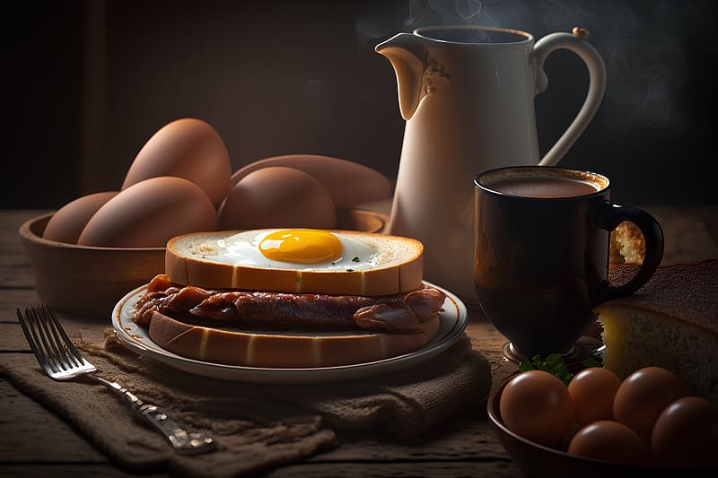 breakfast with coffee, bread, egggs, bacon, sausages, butter, HD wallpaper