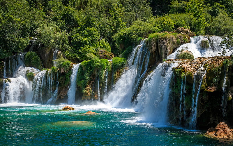 Krka National Park, Krka River, waterfall, summer, beautiful waterfall, blue water, Lozovac, Croatia, HD wallpaper