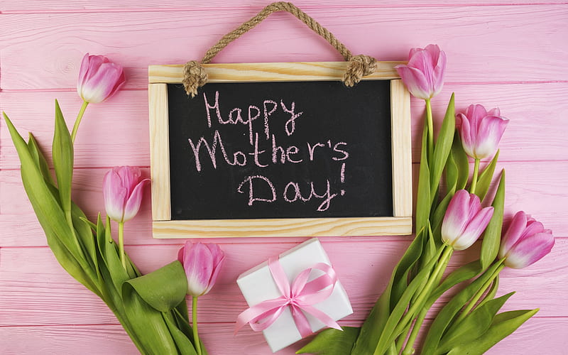 Happy Mothers Day, international holiday, decoration, congratulation, postcard, pink tulips, gift, HD wallpaper