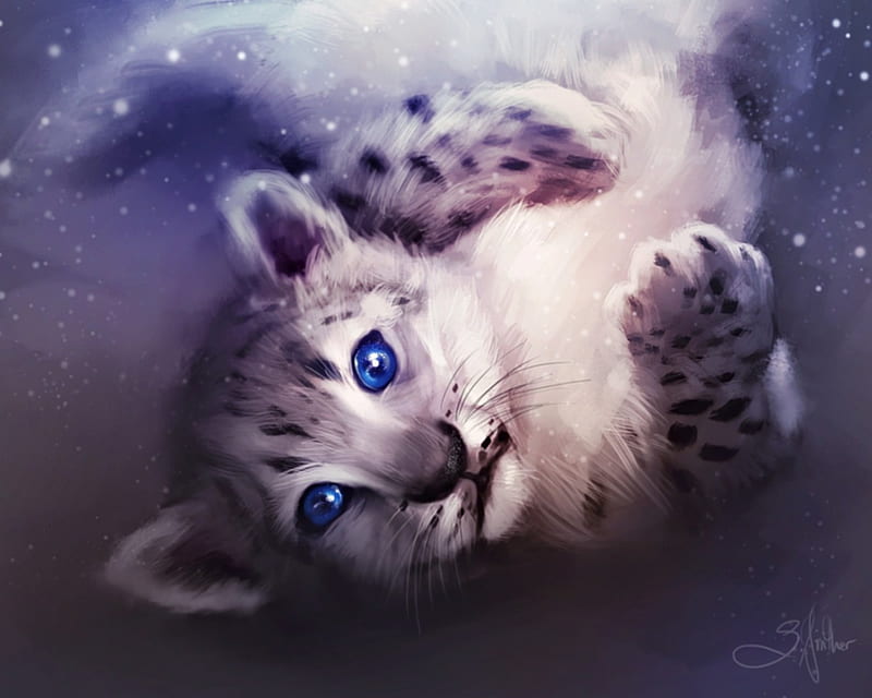 Snow leopard, art, animal, winter, cute, fantasy, purple, snow, cub, sandramalie, blue, HD wallpaper