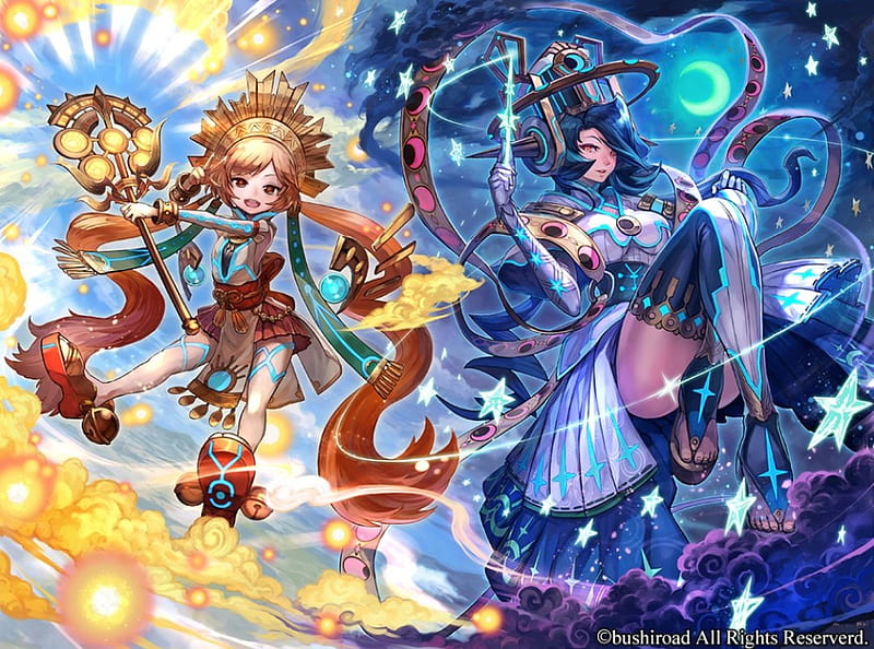 The Goddesses of Day & Night, staff, colorful, sun, wand, twintails, sky, clouds, goddesses, thighhighs, moon, blue hair, anime, orange hair, red eyes, HD wallpaper