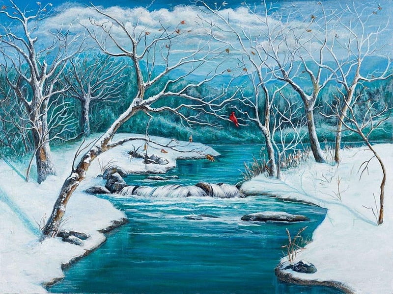 WINTER BLUES, stream, redbird, trees, sky, clouds, winter, snow, cardinal, blue, HD wallpaper