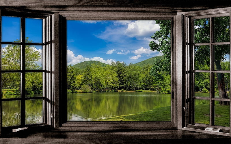 Lake, nature, window, landscape, HD wallpaper