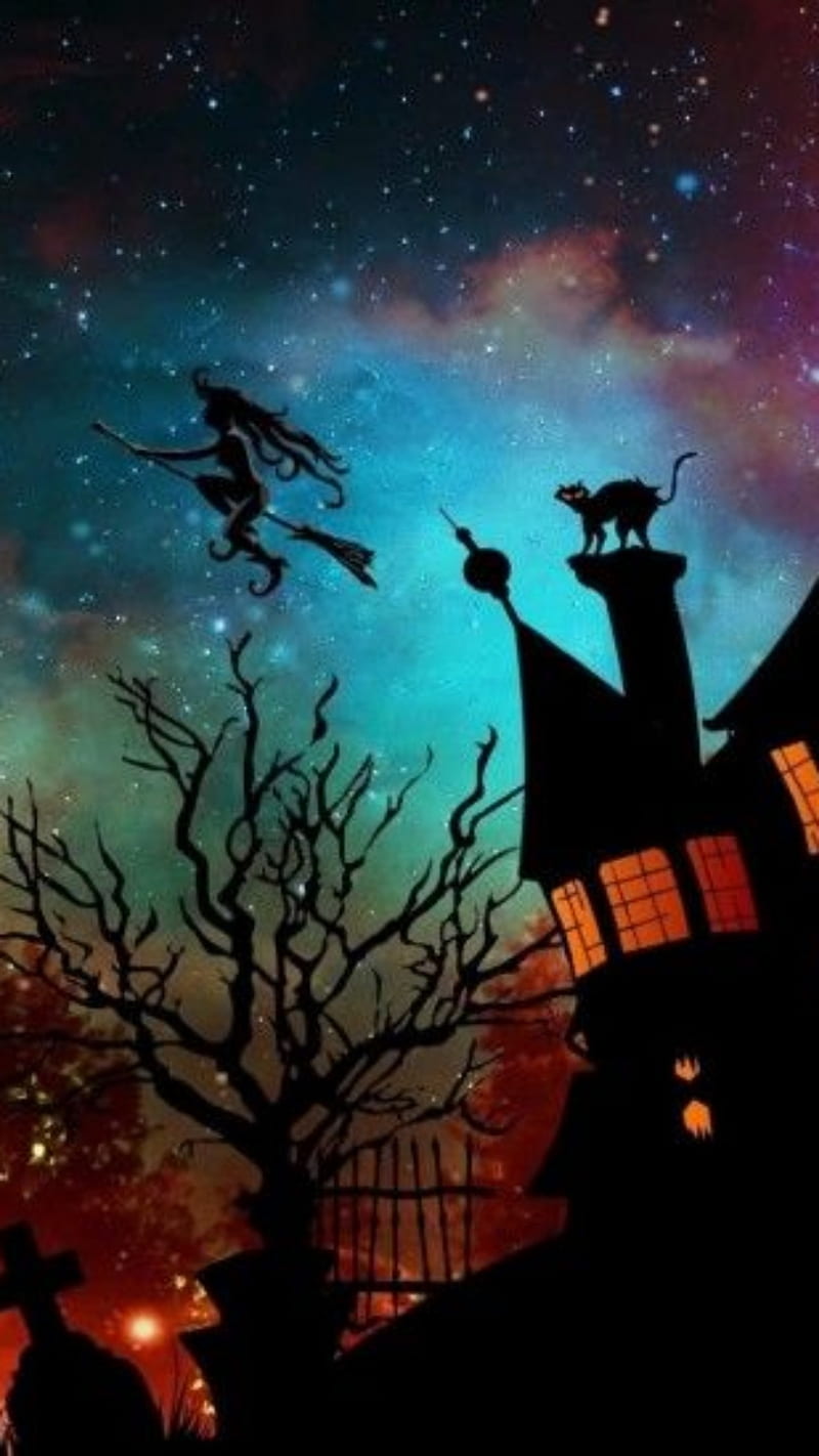 Halloween Night, galaxy, witch, beauty, broom, fly, HD phone wallpaper