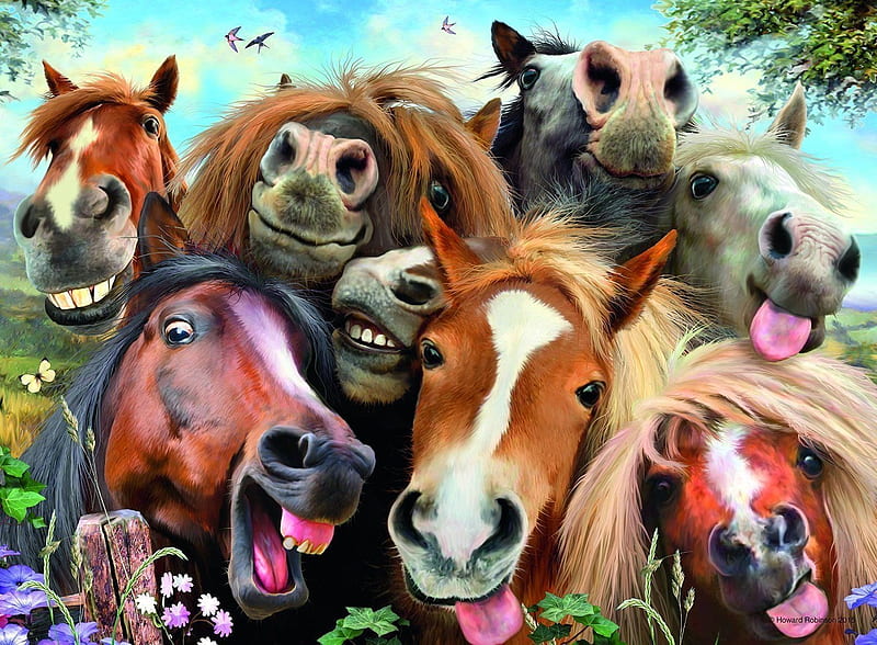 Funny horses, art, tongue, horses, cal, cute, fantasy, painting, funny,  pictura, HD wallpaper | Peakpx