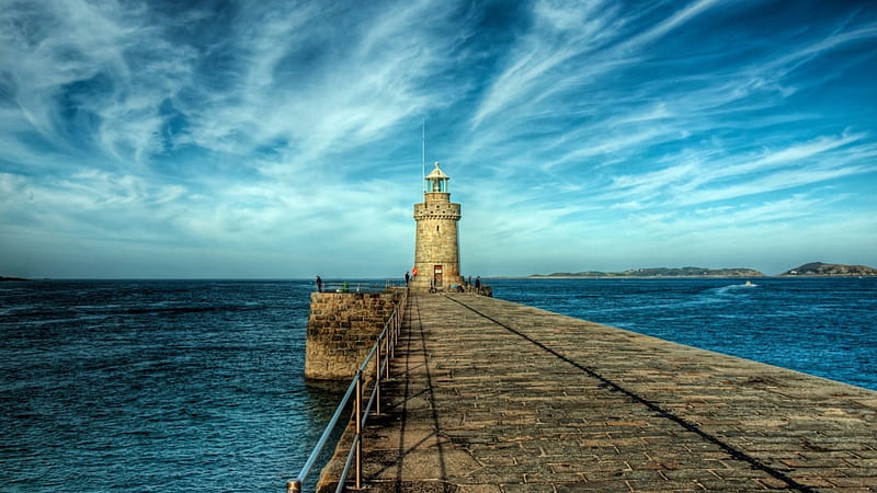 lighthouse on a stone pier r, stones, pier, r, sky, lighthouse, sea, HD wallpaper