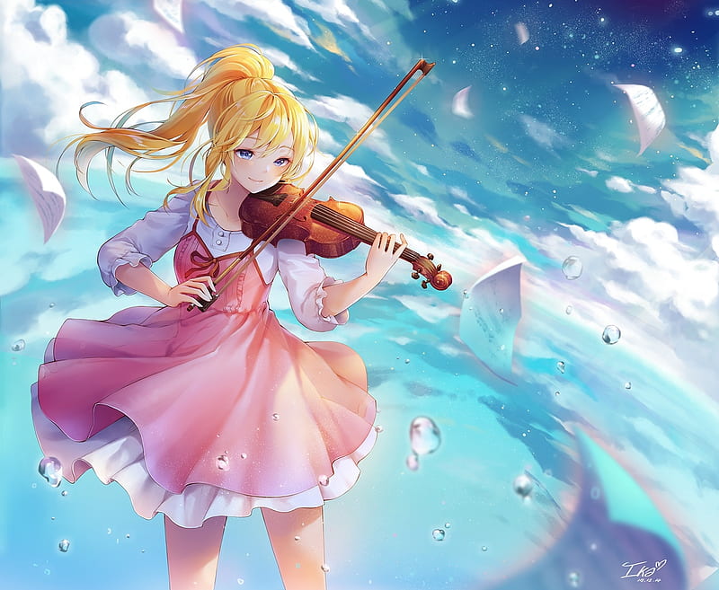 Miyazono Kaori, violin, dress, cloud, manga, ika, instrument, girl, anime,  pink, HD wallpaper | Peakpx