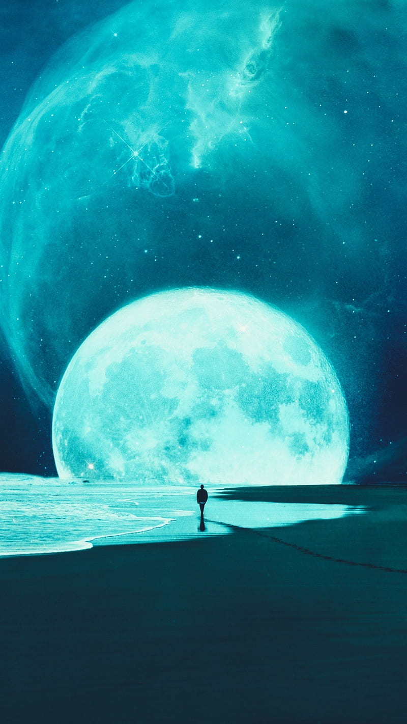 Beach Cyan, blue, moon, moons, nature, ocean, planet, space, stars, HD phone wallpaper