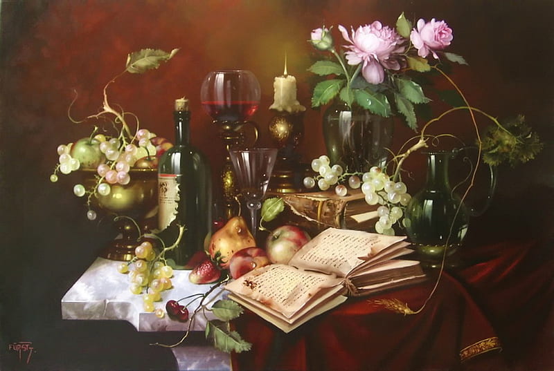 over flowing with all, fruit, table, candle, wine, book, vase, roses, HD wallpaper