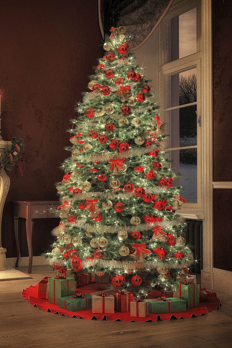 Merry Christmas , romantic, house, trees, xmas, old, tree, gifts, fireplace, mantel, HD phone wallpaper