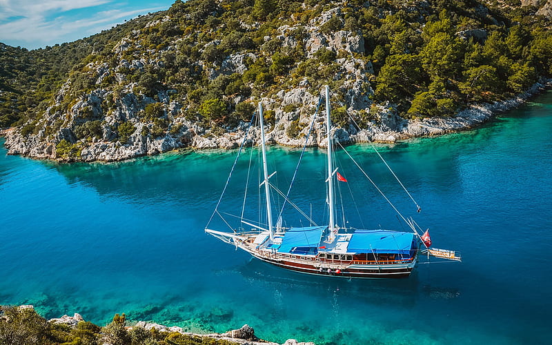 Fethiye, white sailboat, coast, rocks, summer travel, resorts of Turkey, sailboat in the bay, Turkey, HD wallpaper