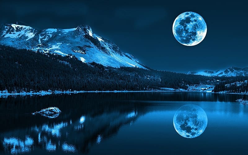 Landscape, Winter, Nature, Night, Moon, Mountain, Lake, Reflection, Forest, HD wallpaper