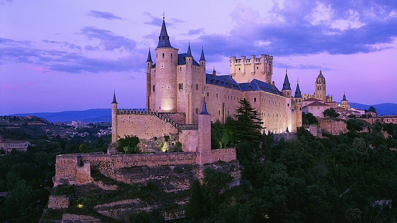 awesome spanish castle, towers, evening, trees, castle, hill, HD wallpaper