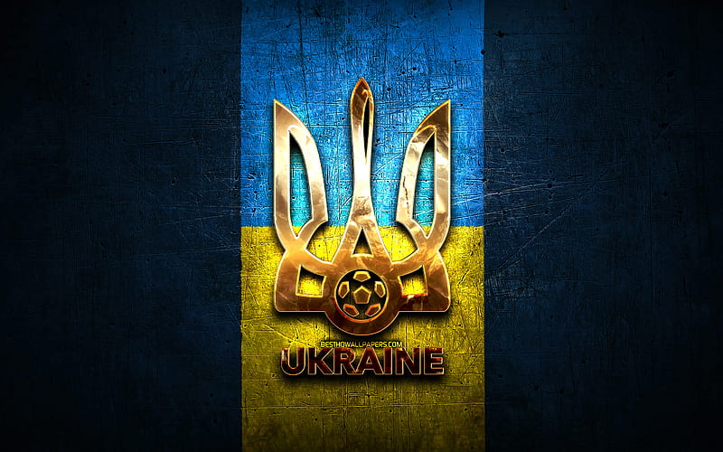Ukraine National Football Team, golden logo, Europe, UEFA, green metal background, Ukrainian football team, soccer, FFU logo, football, Ukraine, HD wallpaper