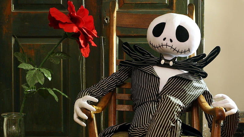Jack Skellington Plush Toy Near Red Rose With Leaves The Nightmare Before Christmas Movies, HD wallpaper