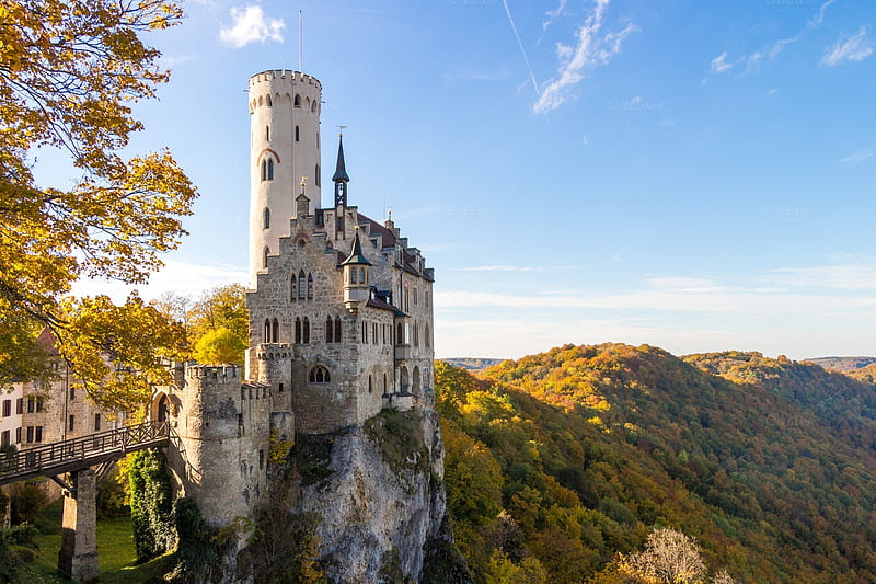 Castle Liechtenstein at Fall, hills, germany, tower, colors, landscape, HD wallpaper