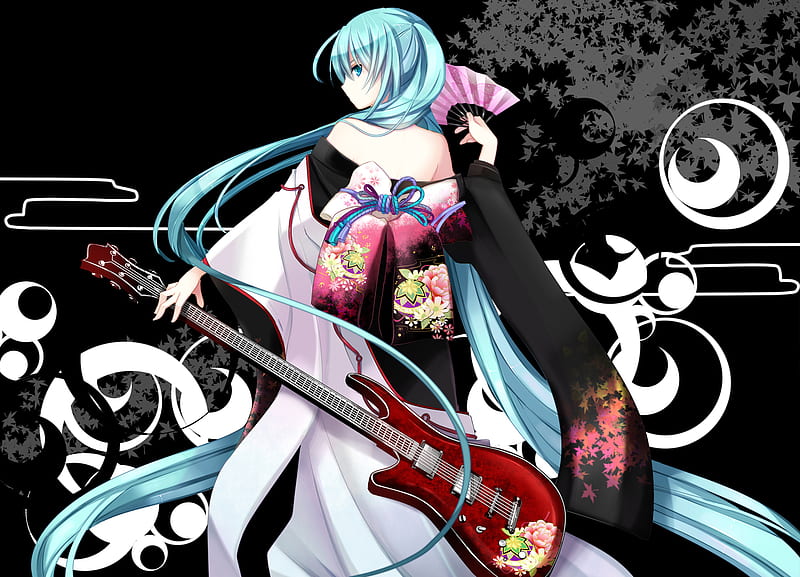 Hatsune Miku, desenho, kimono, twin tails, instrument, guitar, girl, anime,  preform, HD wallpaper | Peakpx